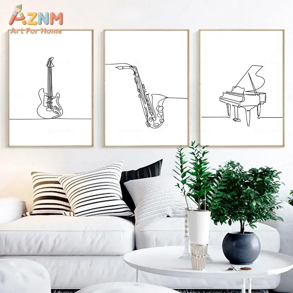 Musical Instrument In Drawing - AZNM ミニマリストワンラインアート楽器キャンバスウォールアートギターサックスピアノ黒線画プリント非フレームキャンバス